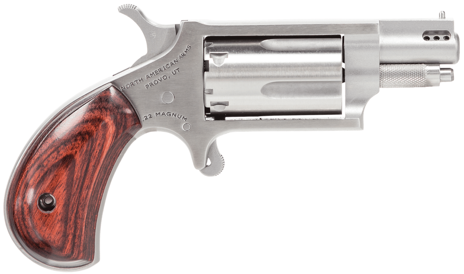 North American Arms 22MSP Mini-Revolver  22 WMR 5 Shot 1.13" Stainless Steel Ported Barrel, Frame & Cylinder, Rosewood Birdshead Grip, Exposed Hammer