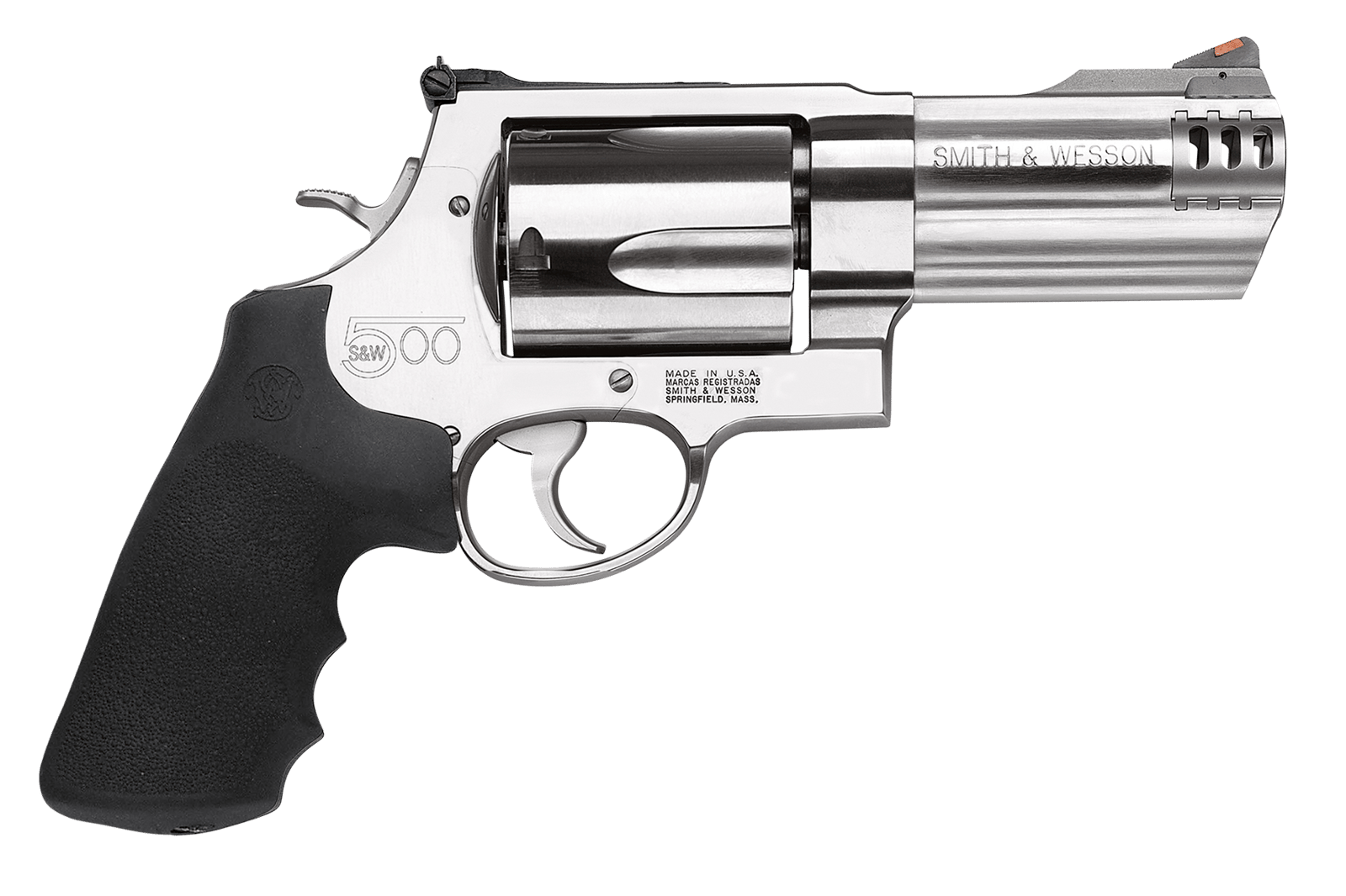 Smith & Wesson 163504 Model 500  X-Frame 500 S&W Mag Stainless      Steel 4" Compensated Barrel & 5rd Cylinder, Satin Stainless Steel   X-Frame, Includes Two Muzzle Brakes & Internal Lock
