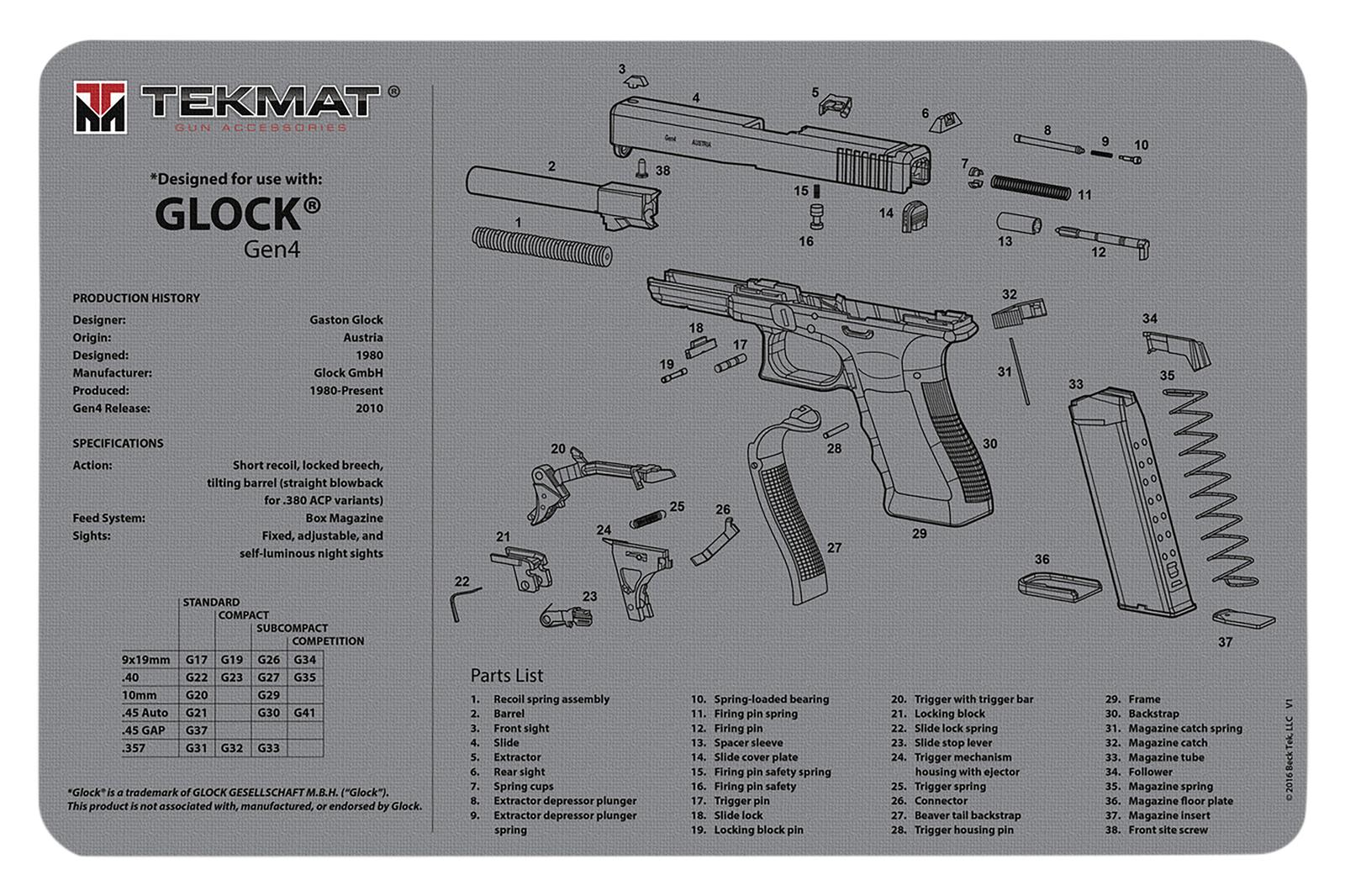 TekMat TEKR17GLOCKG4GY Glock Gen 4 Cleaning Mat Gray Rubber 11"x17" Glock Gen 4 Parts Diagram