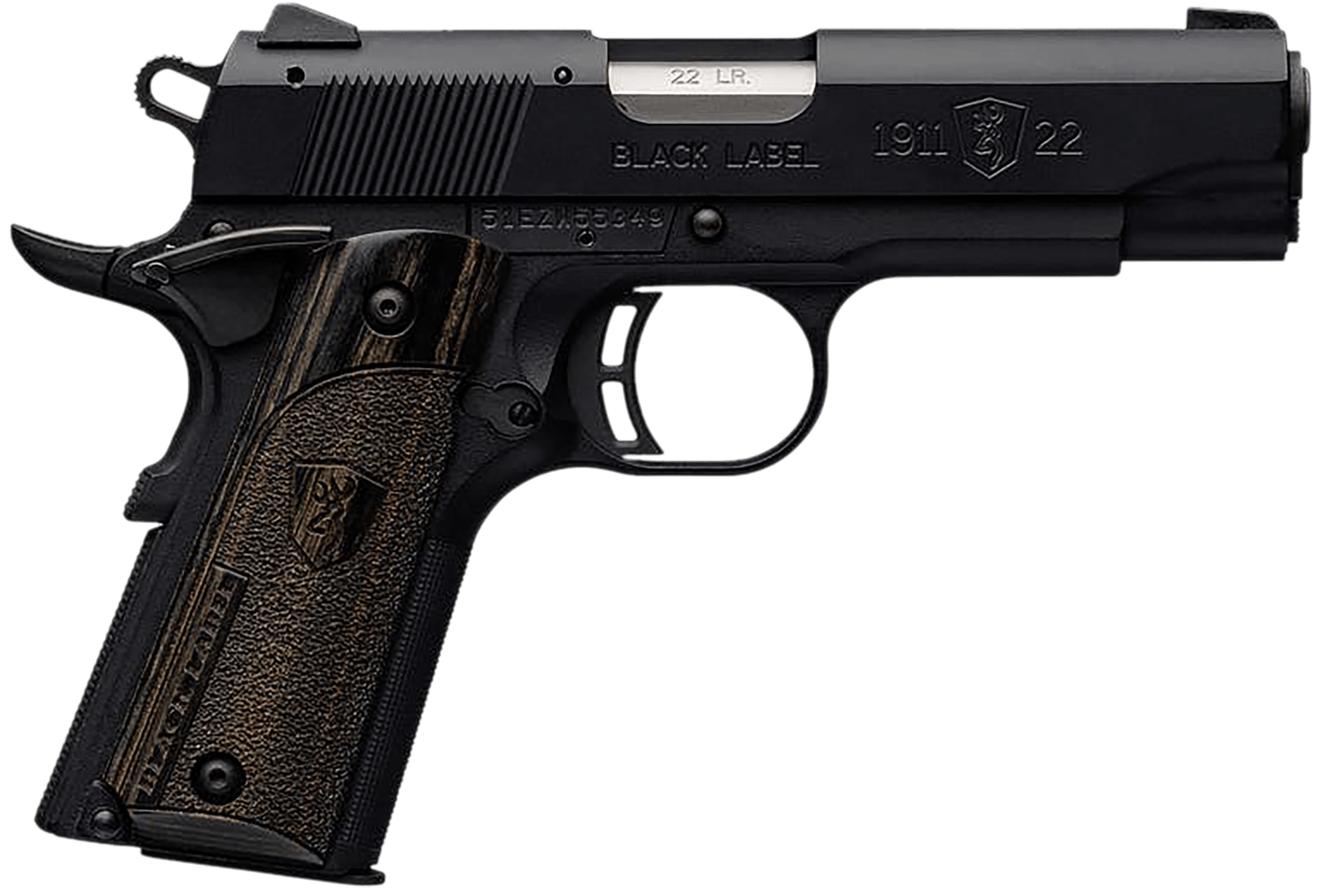 Browning 051815490 1911 Black Label Compact 22 LR 10+1 3.63" Stainless Steel Barrel, Matte Black Serrated Slide & Polymer Frame w/Beavertail, Black Laminate Stippled Grip