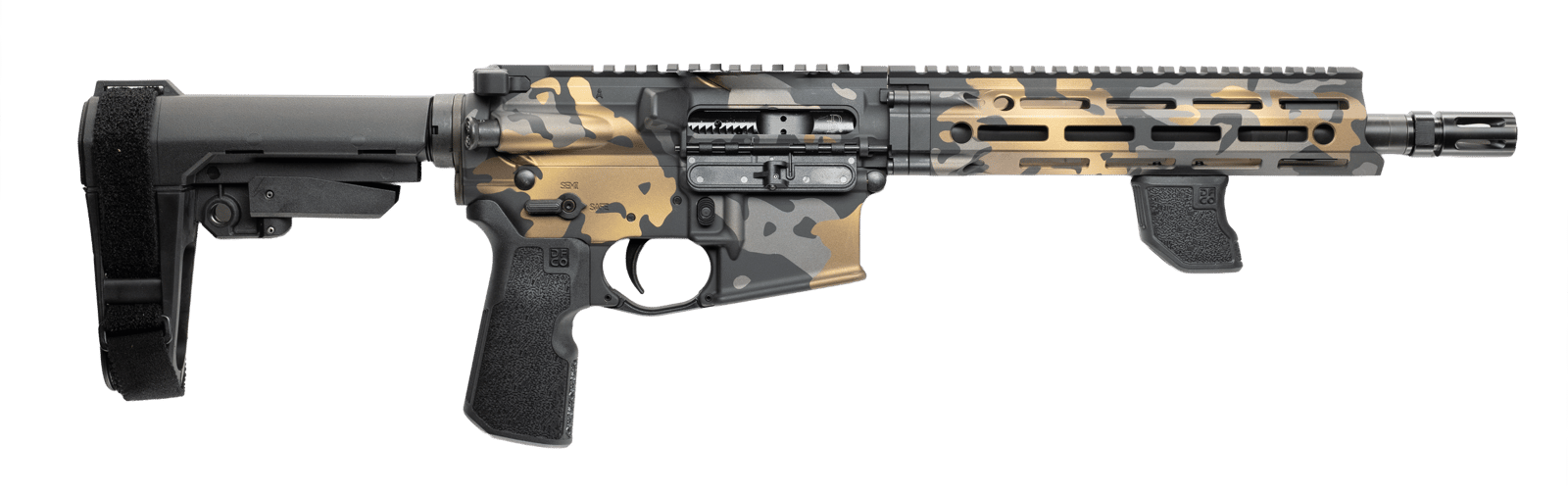 Cnc Firearms CNCDDMCG Daniel Defense DDM4 V7P Sports South Exclusive 5.56 NATO 30+1 10.30" Black Phosphate Threaded Barrel, Gold Multicam Aluminum Receiver w/Picatinny Rail, SBA3 Pistol Stabilizing Br