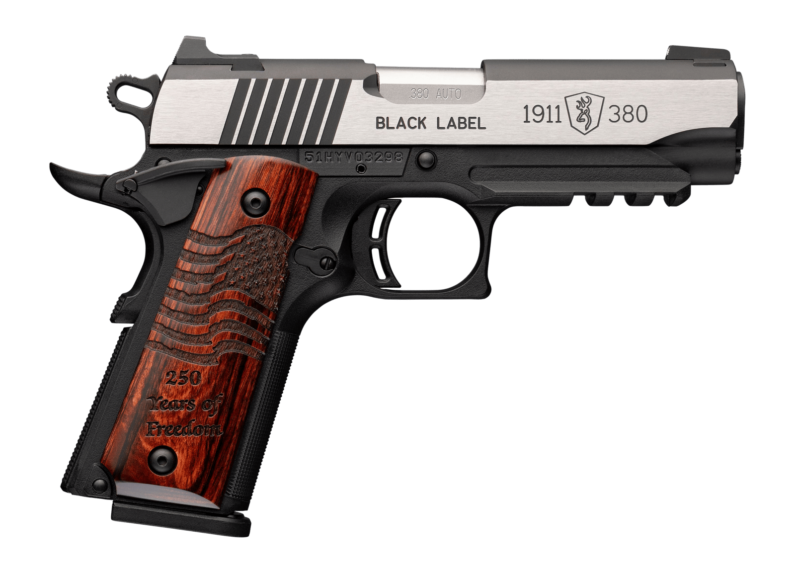 Browning 051125492 1911 Black Label Medallion 250 Compact 380 ACP 8+1 3.63" Matte Stainless Barrel &  Blackened w/Silver Polished Flats Serrated Slide, Matte Black Polymer Frame w/Beavertail & Picatin