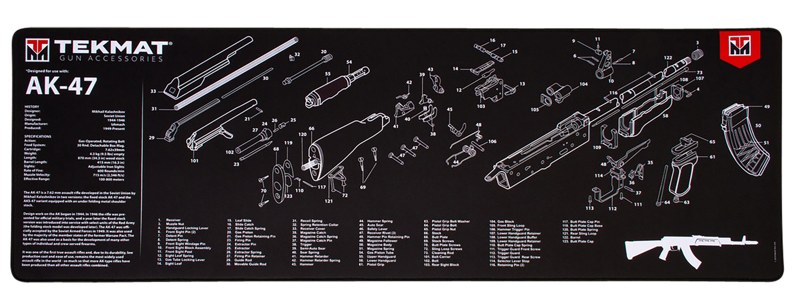 TekMat TEKR36AK47 AK-47 Cleaning Mat Black/White Rubber 12"x36" AK-47 Parts Diagram