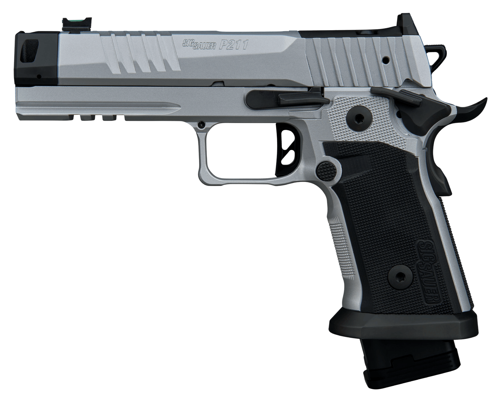 Sig Sauer 211F9GTOSILVER P211 Quicksilver Full Size 9mm Luger 23+1 4.40" Stainless Bull w/MACH3D Compensator Barrel, Silver Cerakote Stainless Steel Integrated Compensator/Optic Ready/Serrated Slide &