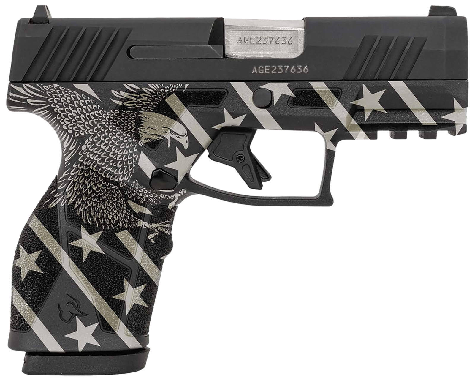 Taurus 1-GX2931-10EN1 GX2  Compact Frame 9mm Luger 10+1 3.38" Stainless Steel Barrel, Matte Black Serrated Alloy Steel Slide, Black w/Eagle, Stars & Stripes Polymer Frame w/Accessory Rail
