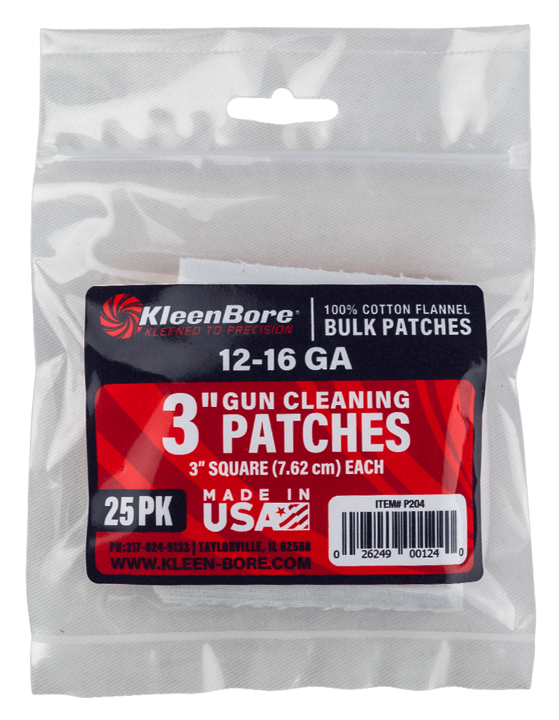 KleenBore P204 Super Shooter  12-16 Gauge Shotgun 3" 100% Cotton Flannel 25 Per Pack