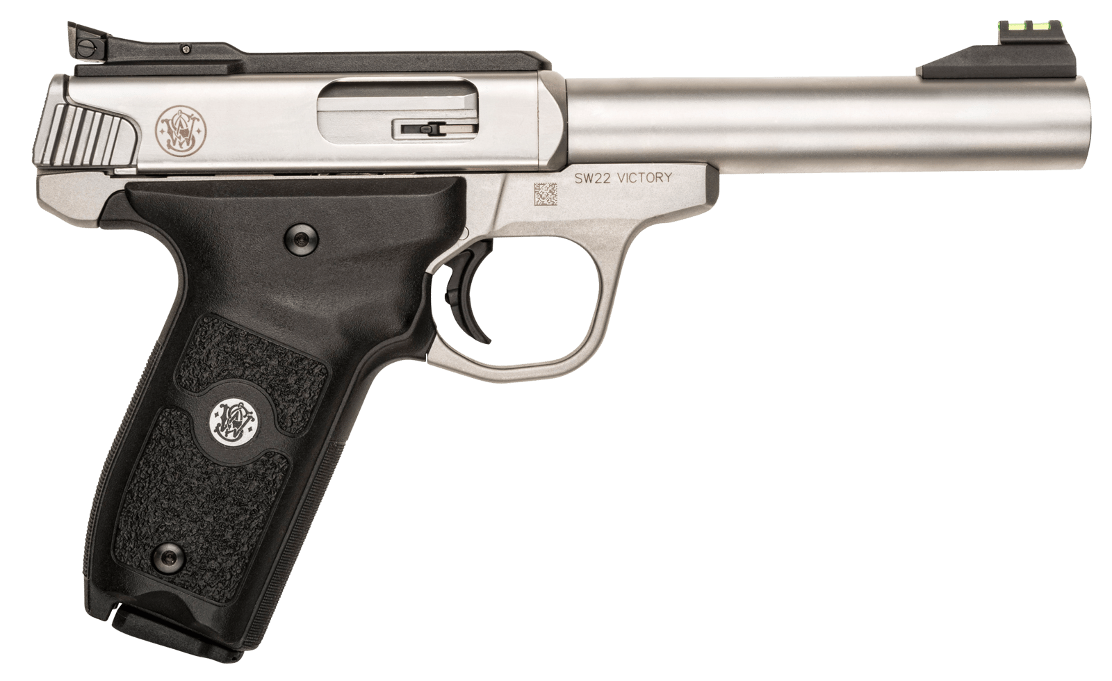 Smith & Wesson 108490 SW22 Victory Full Size Frame 22 LR 10+1, 5.50" Silver Match Grade Barrel, Satin Serrated Slide & Frame, Black Textured Grip, Thumb Safety