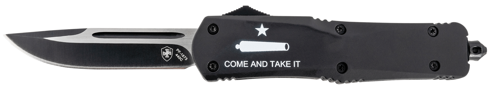 Templar Knife LCATI331 Gen II Come And Take It Large 3.50" OTF Drop Point Plain Black Oxide Stonewashed 440C SS Blade, 5.25" Black "Come And Take It" Aluminum Handle, Glass Breaker