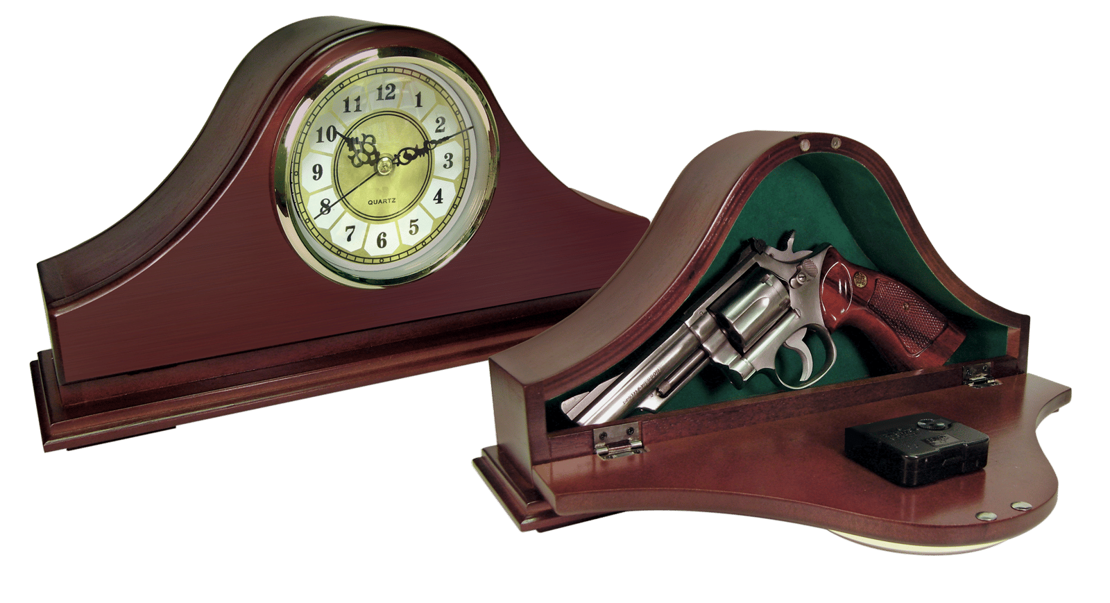 Peace Keeper MGC Mantle Gun Clock  Front Panel Entry Mahogany Stain Wood Holds 1 Handgun 14.62" L x 7.37" H x 3.75" D