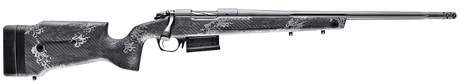 Bergara Rifles B14SM759 B-14 Crest 6.5 PRC 3+1 20" Fluted/Threaded, Sniper Gray Cerakote Barrel/Rec, Monte Carlo Carbon Fiber Stock with Black & Gray Splatter, Omni Muzzle Brake