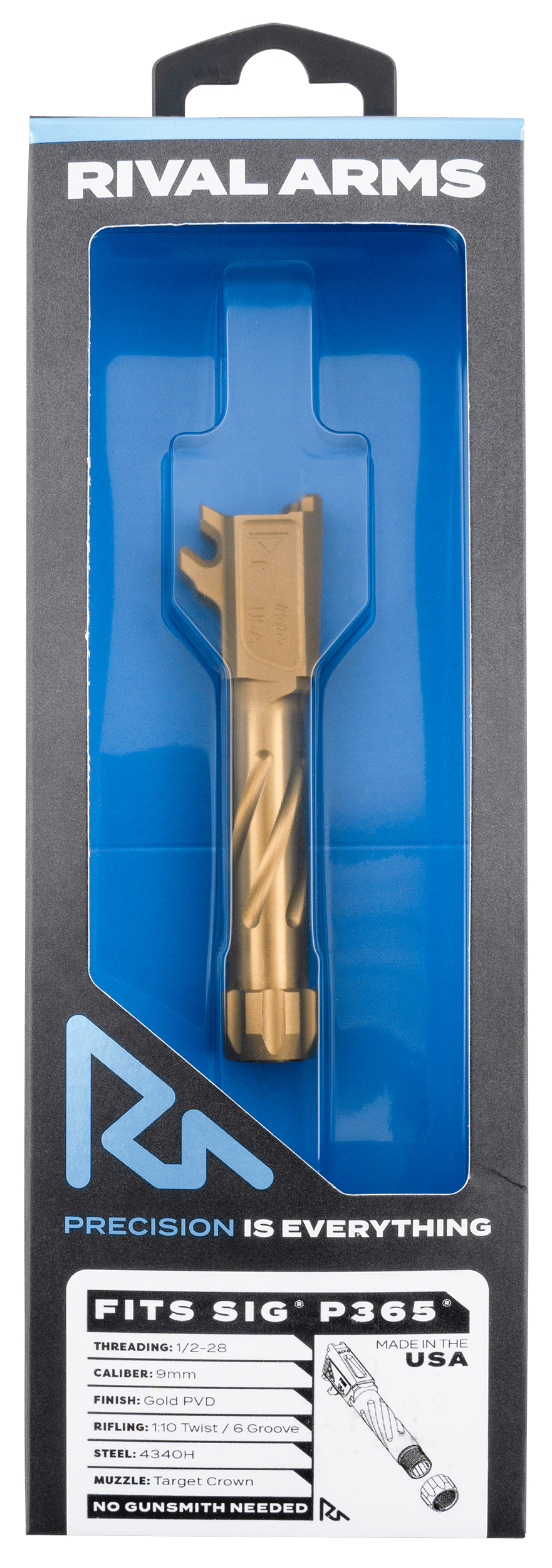 Rival Arms RA20P002E Precision Match Grade 9mm Luger 3.10" Fluted Threaded Gold PVD Steel, Fits Sig P365