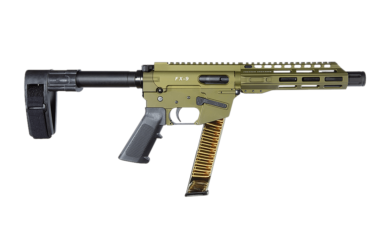 FREEDOM ORDNANCE FX9P8SBM-ODG FX9  9mm Luger 32+1 8" Black Nitride Barrel, M-LOK Handguard, OD Green Aluminum Receiver w/Picatinny Rail, OD Green Polymer SB Mini Brace, Black AR15 Grip