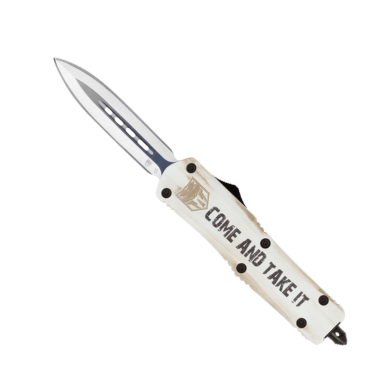 CobraTec Knives MCATIFS3DAGNS FS-3 Come And Take It Medium 3" OTF Dagger Plain D2 Steel Blade White w/"Come And Take It" Aluminum Cerakoted Handle Features Glass Breaker Includes Pocket Clip