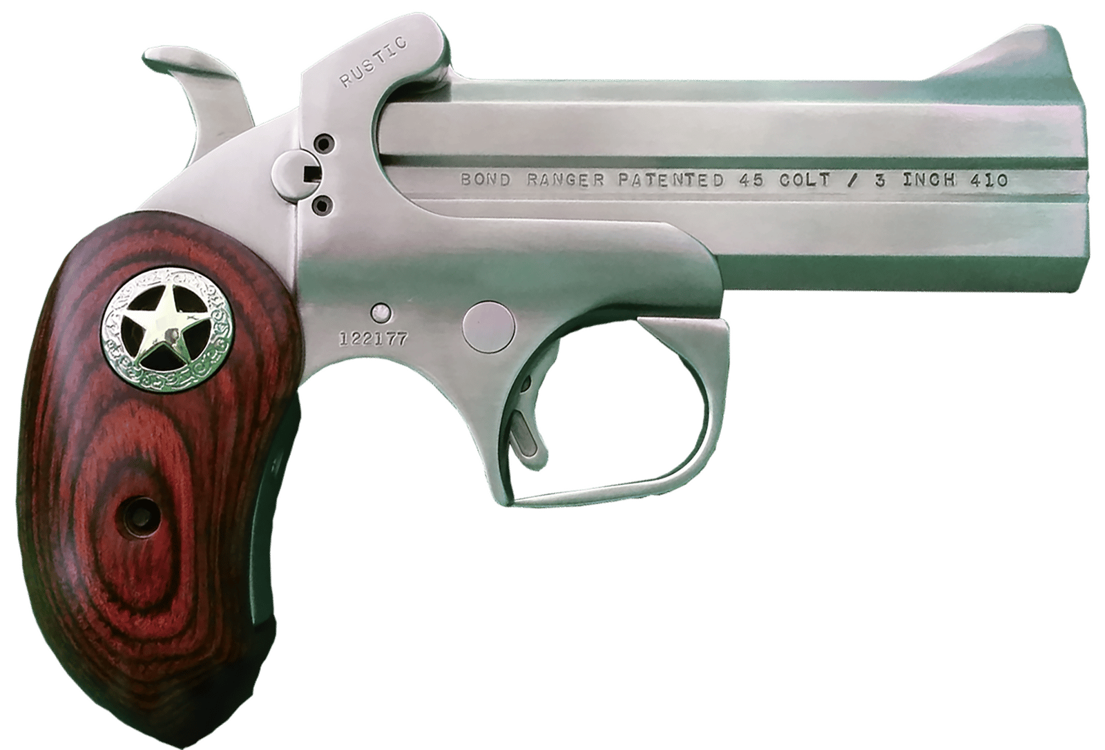 Bond Arms BARR Rustic Ranger Original 45 Colt/410 Gauge 2rd Shot 4.25" Matte Stainless Stainless Stainless Steel Frame Ext. Rosewood w/ Integrated Star Grips Right Hand