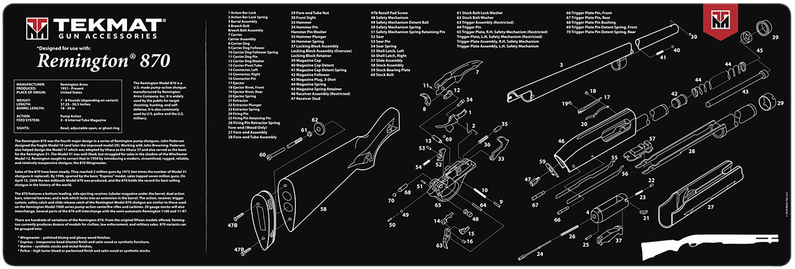 TekMat TEKR36REM870 Remington 870 Cleaning Mat Black/White Rubber 12"x36" Remington 870 Parts Diagram