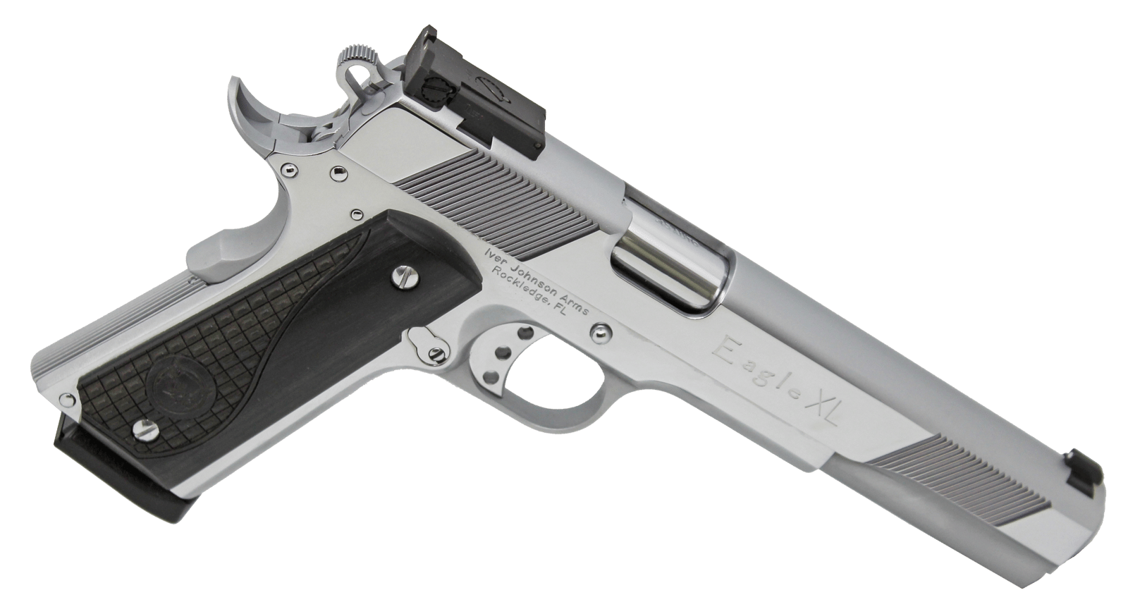 Iver Johnson Arms EAGLEXLC45 Eagle XL  45 ACP 8+1 6" Steel Barrel, Bright Chrome High Polished Long/Serrated Steel Slide & Frame w/Beavertail, Diamondwood Walnut w/Integrated Logo Grip, Right Hand