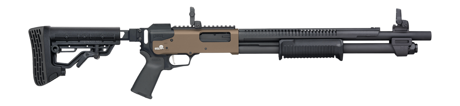Mossberg 50233 590R  12 Gauge Pump 3" 6+1 18.50" Black Parkerized Integrated Heat Shield Barrel, Flat Dark Earth Cerakote Receiver w/Picatinny Rail, Black Chisel Folding Synthetic Stock, Black Magpul