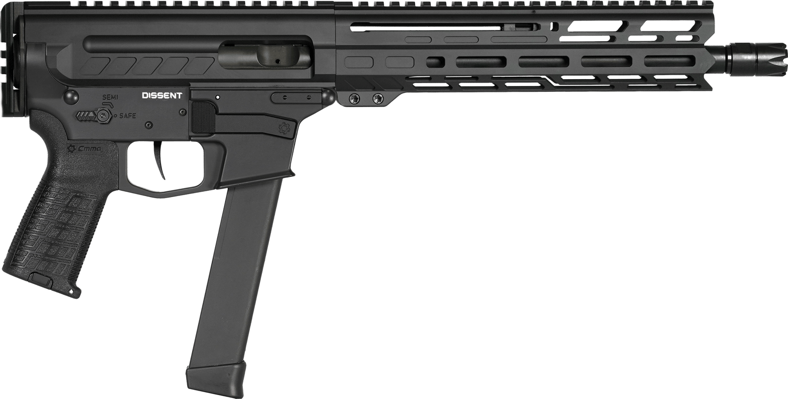 CMMG 99A806DAB Dissent MKGS 9mm Luger 33+1 10.50", Black, Picatinny Brace Adapter, 5.50" M-LOK Handguard, Left Side Charging Handle, Zeroed Linear Comp, Zeroed Drop-In Single Stage Trigger