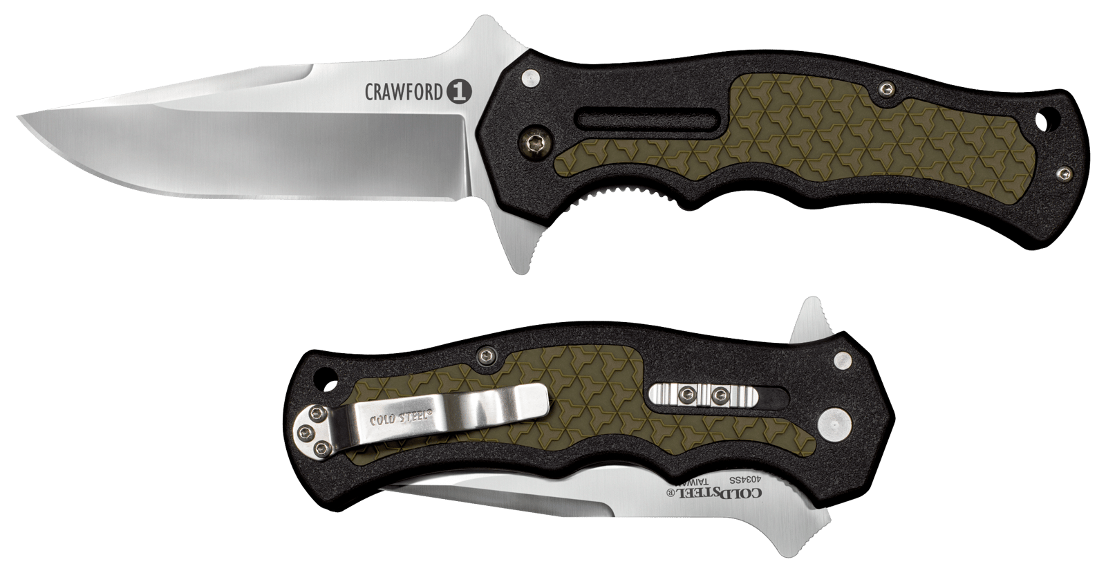 Cold Steel CS20MWCZ Crawford 1 3.50" Folding Plain Clip Point 4034 Stainless Steel Blade Black w/OD Green Traction Inlays GRN Handle Blister Pack Packaging