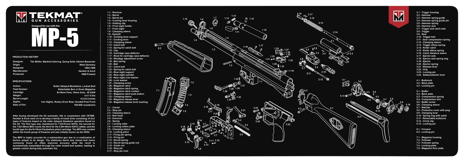 TekMat TEKR36HKMP5 MP5 Cleaning Mat Black/White Rubber 12"x36" HK MP5 Parts Diagram