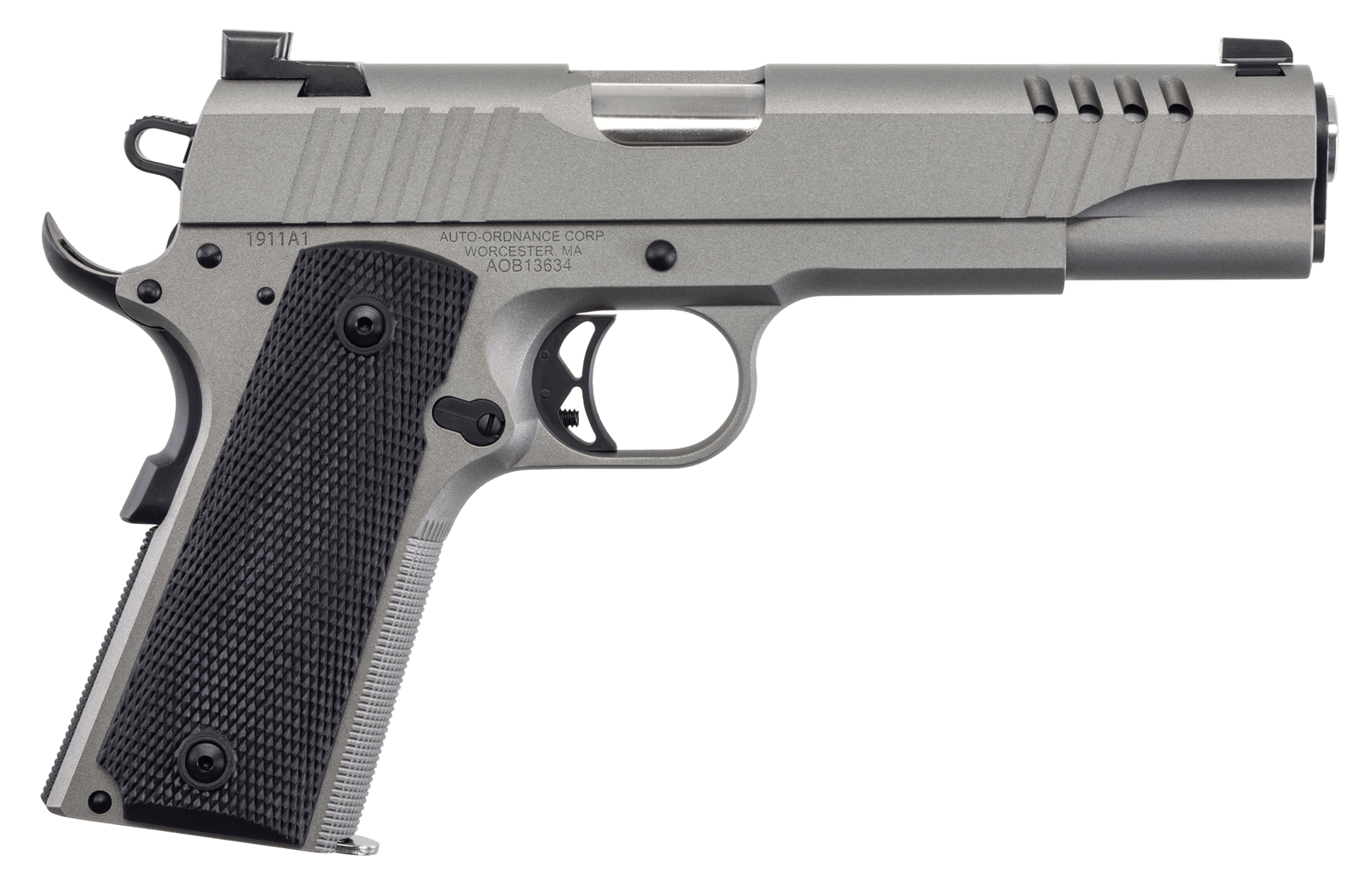 Auto-Ordnance 1911TCAC6N 1911 A1  45 ACP 7+1 5" Savage Silver Cerakoate, Serrated/Ported Slide,  Black Rubber Grips, TruGlo Night Sights
