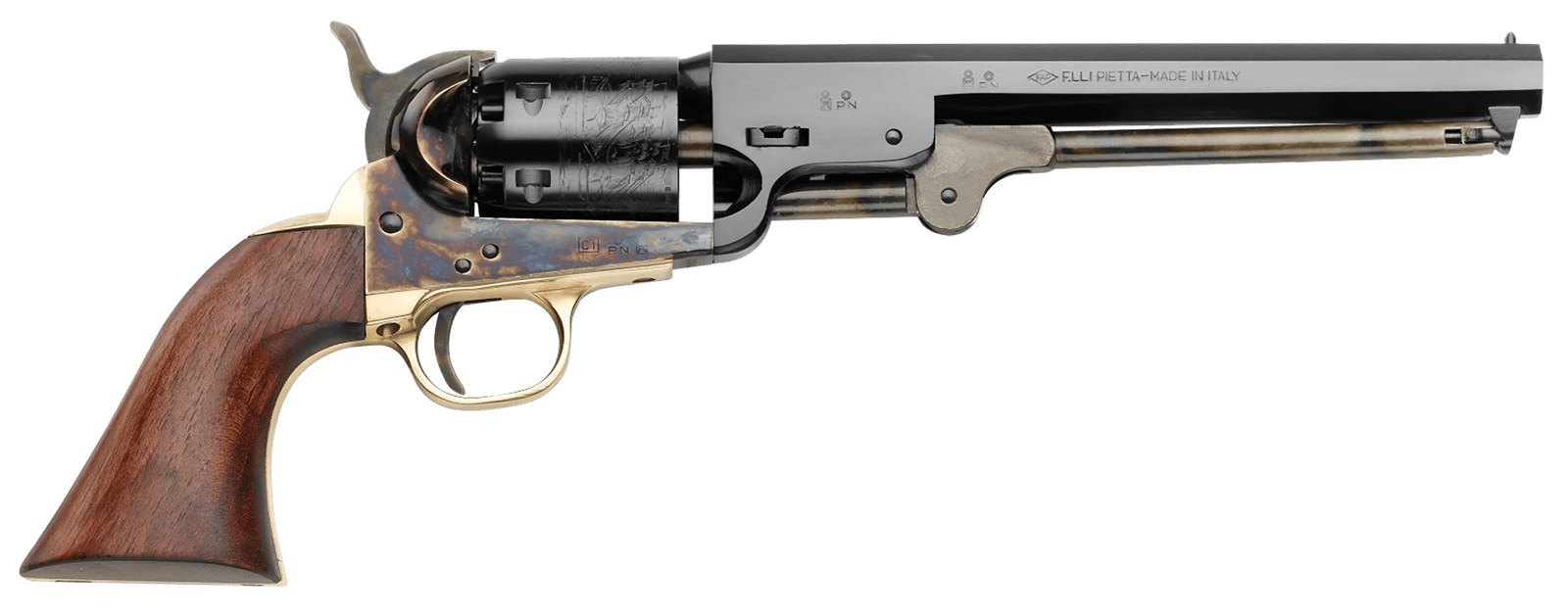 Pietta PF51CH36712 1851 Navy Steel 36 Cal 7.50" 6rd Color Case Hardened Frame Blued Cylinder Blued Octagon Barrel Walnut Grip