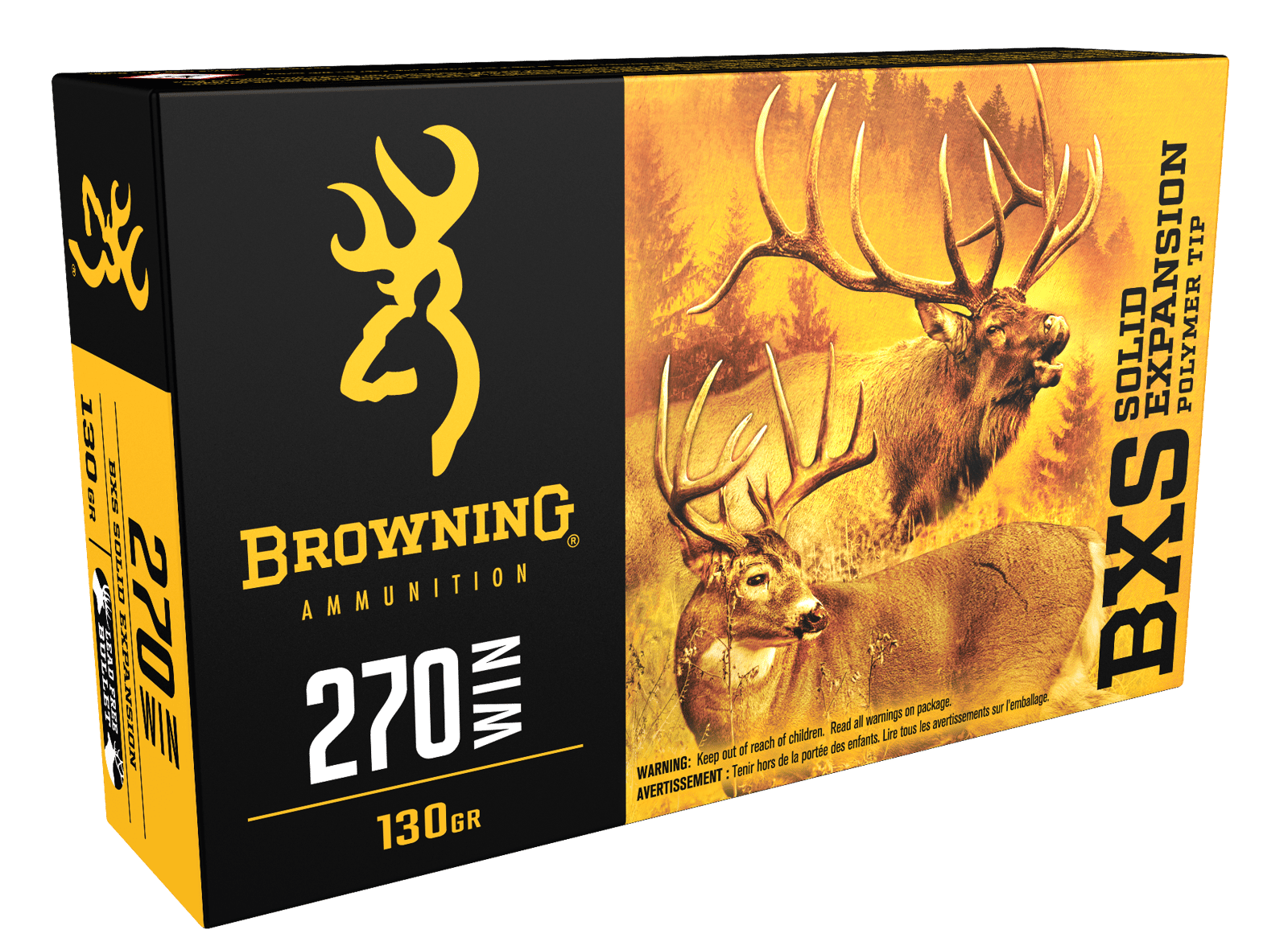 Browning Ammo B192402701 BXS Copper Expansion 270Win 130gr Lead Free Solid Expansion Polymer Tip 20 Per Box/10 Case