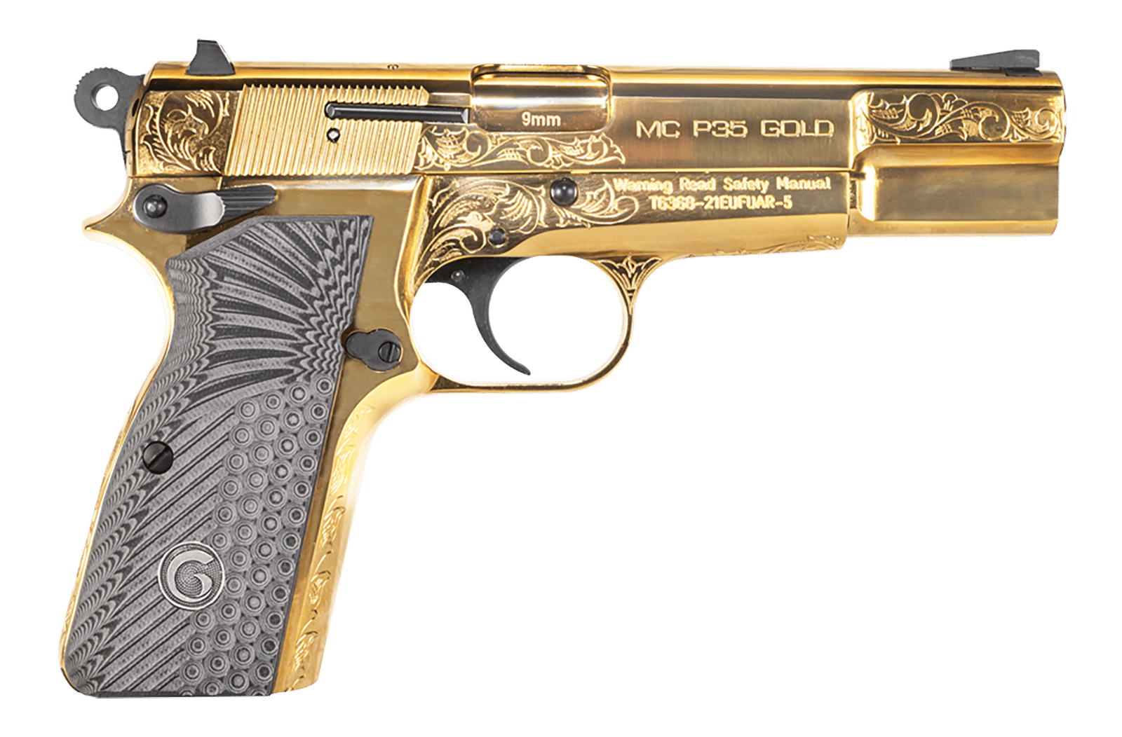 Girsan 390488 MC P35  9mm Luger 15+1 4.87" Gold Plated PVD Stainless Steel Barrel, Gold Finish Engraved Serrated Stainless Steel Slide, Gold Plated Steel Frame w/Beavertail, G10 Grip