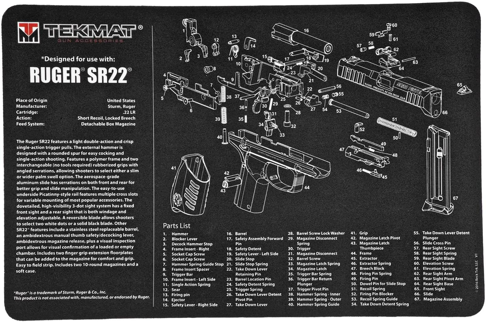 TekMat TEKR17RUGERSR22 Ruger SR22 Cleaning Mat Black/White Rubber 11"x17" Ruger SR22 Parts Diagram