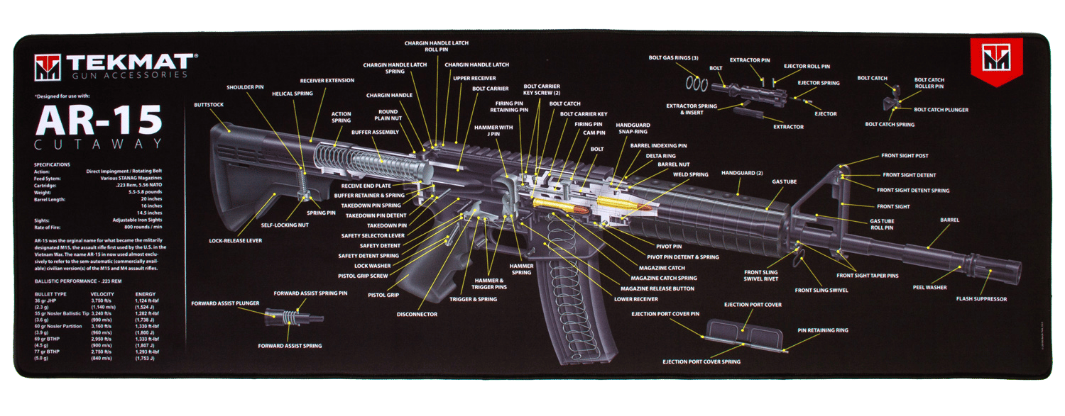 TekMat TEKR44AR15CA AR-15 Cleaning Mat Black/White Rubber 15"x44" AR-15 3D Cutaway Illustration