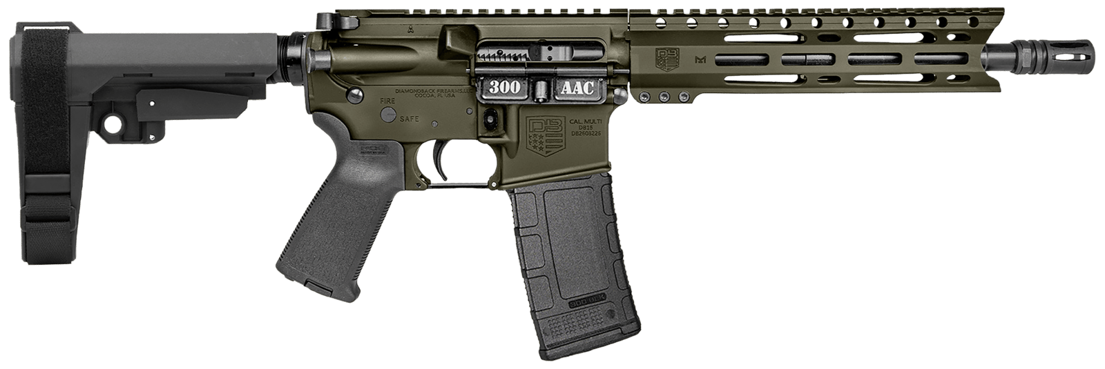 Diamondback DB1916B101 DB15  300 AAC 30+1 10" OD Green Cerakote Heavy Barrel 9" M-LOK Handguard 7075-T6 Aluminum SBA3 Brace Magpul MOE Grip