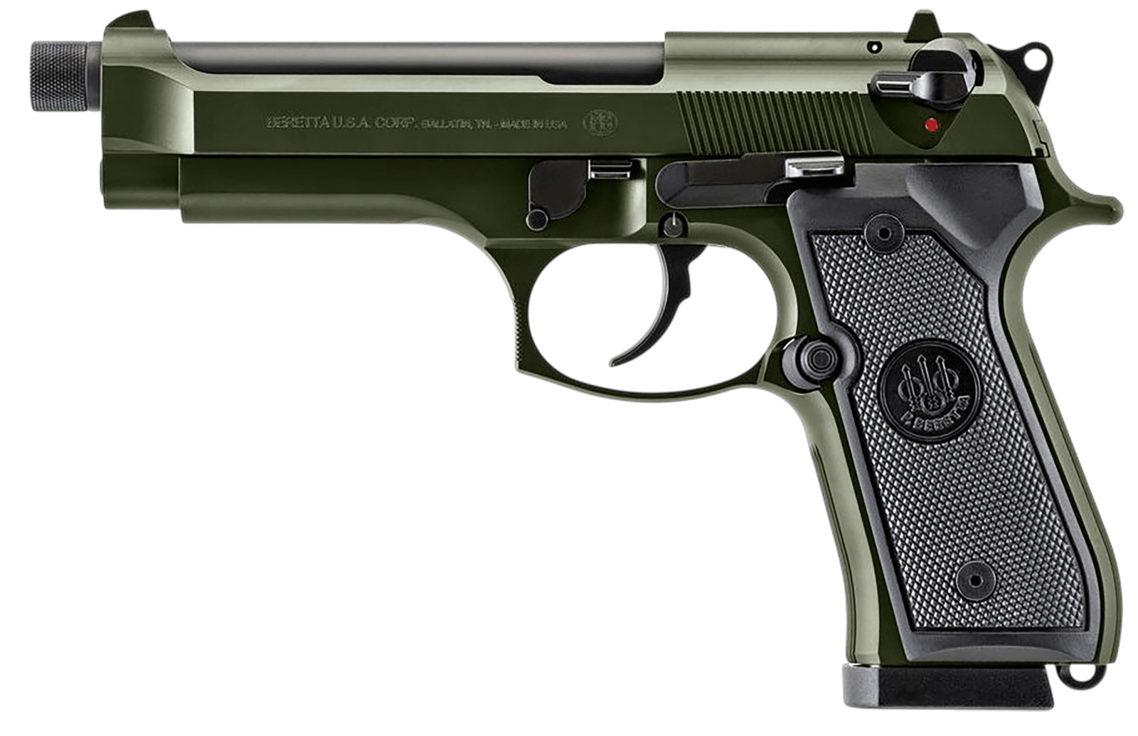 Beretta USA J92F300GRTB18 92FS  Full Size 9mm Luger 18+1 5.10" Black Threaded Barrel, OD Green Cerakote Serrated Slide, OD Green Cerakote Aluminum Frame w/Beavertail, Black Textured Grip