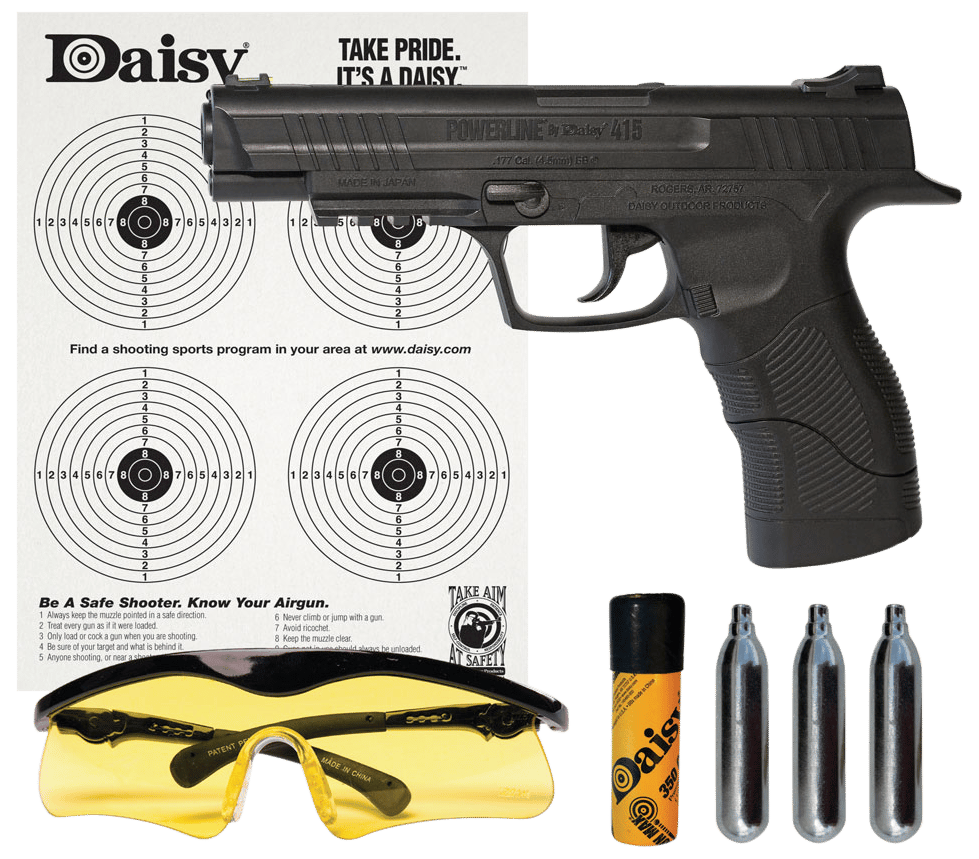 Daisy 985415242 415 Powerline Kit CO2 177 BB 21+1 495 fps, Black Polymer Frame with Pic. Rail, Fiber Optic Sight, Includes Ammo/Target/Glasses/CO2 Cartridges
