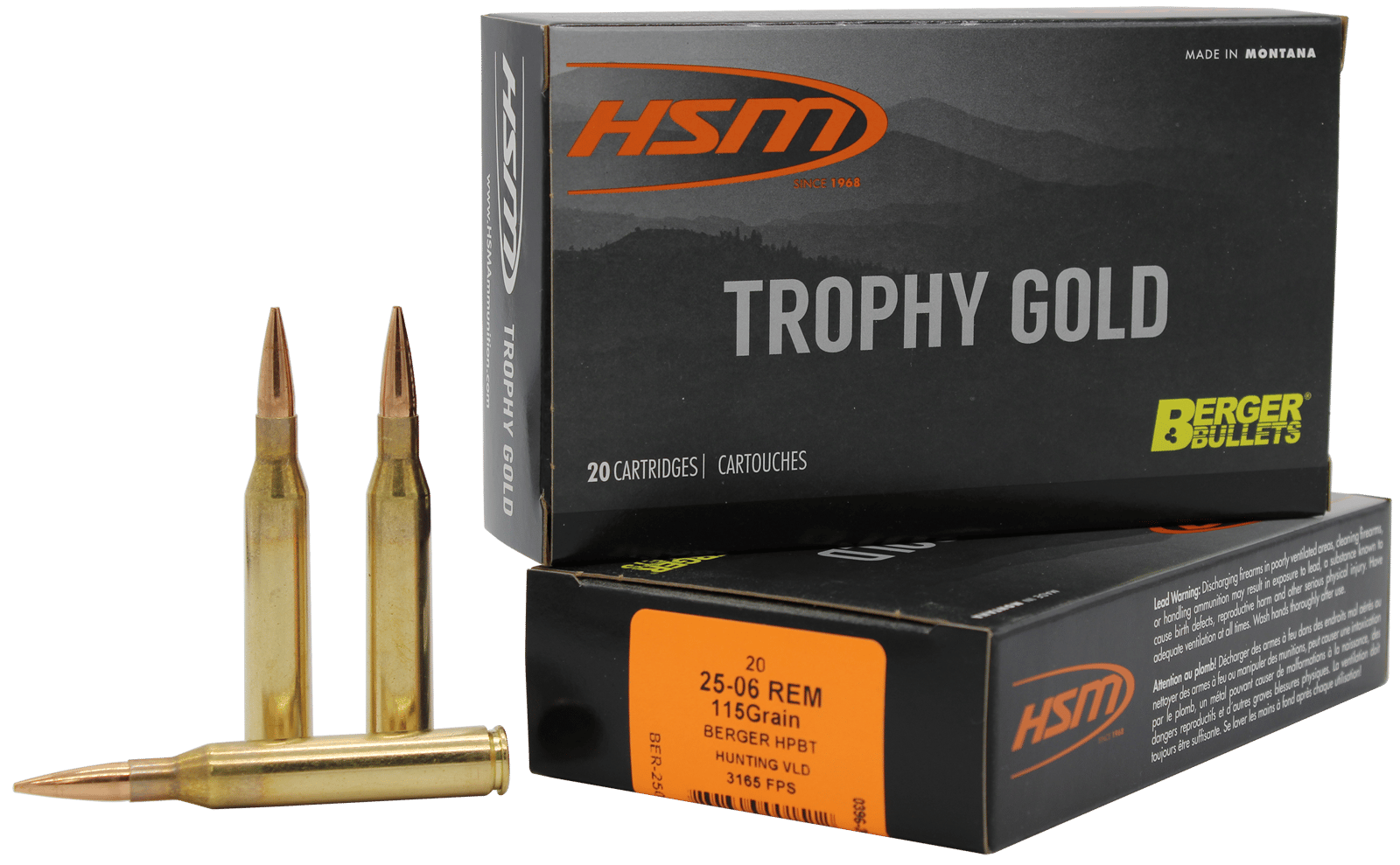 HSM 2506115VLD Trophy Gold Extended Range 25-06 Rem 115 gr Berger Hunting VLD Match 20 Per Box/ 20 Case