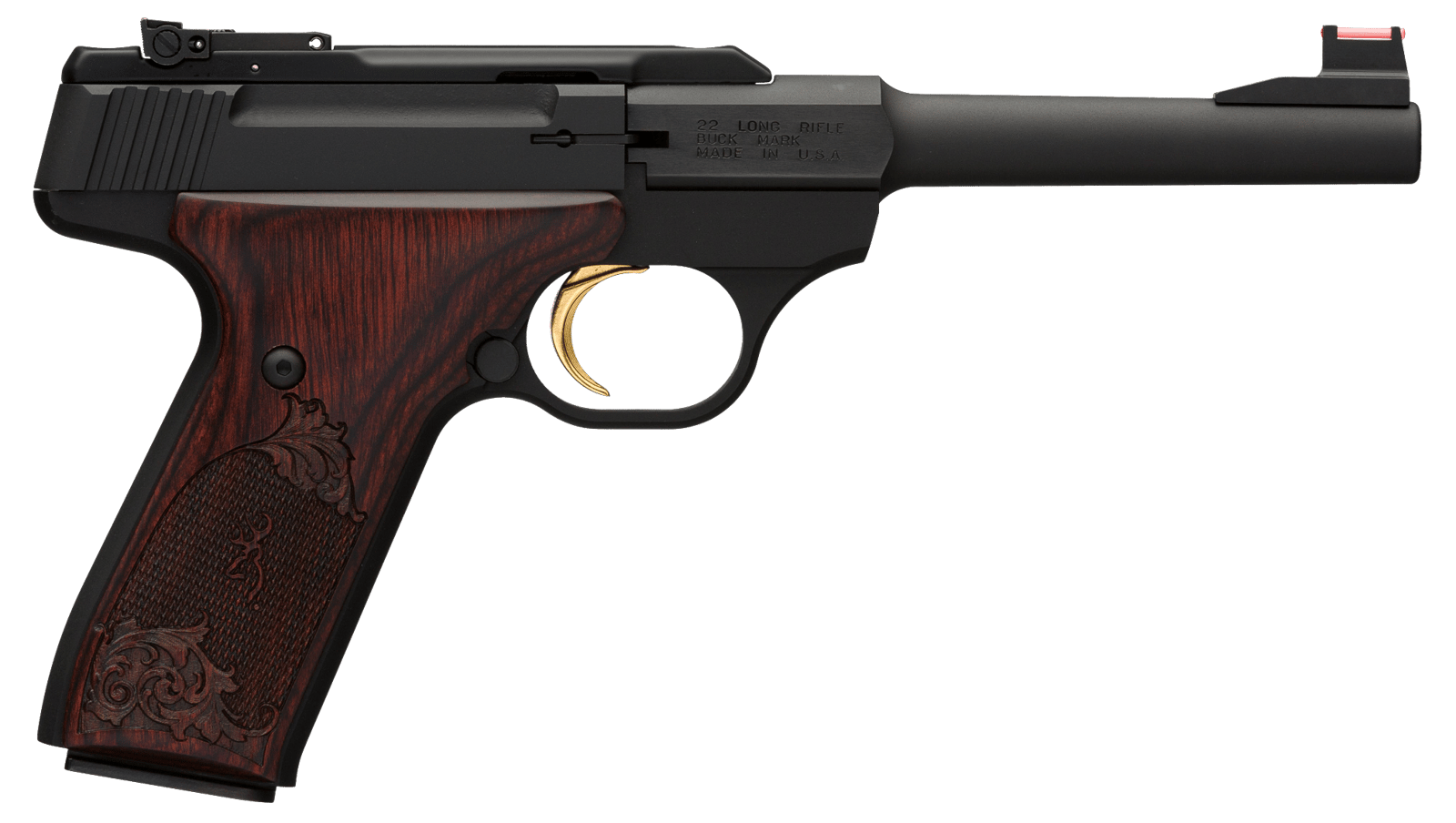 Browning 051519490 Buck Mark Challenge 22 LR 10+1 5.50" Polished Flats Steel Barrel, Matte Black Serrated Slide & Aluminum Frame, Engraved Rosewood Grip