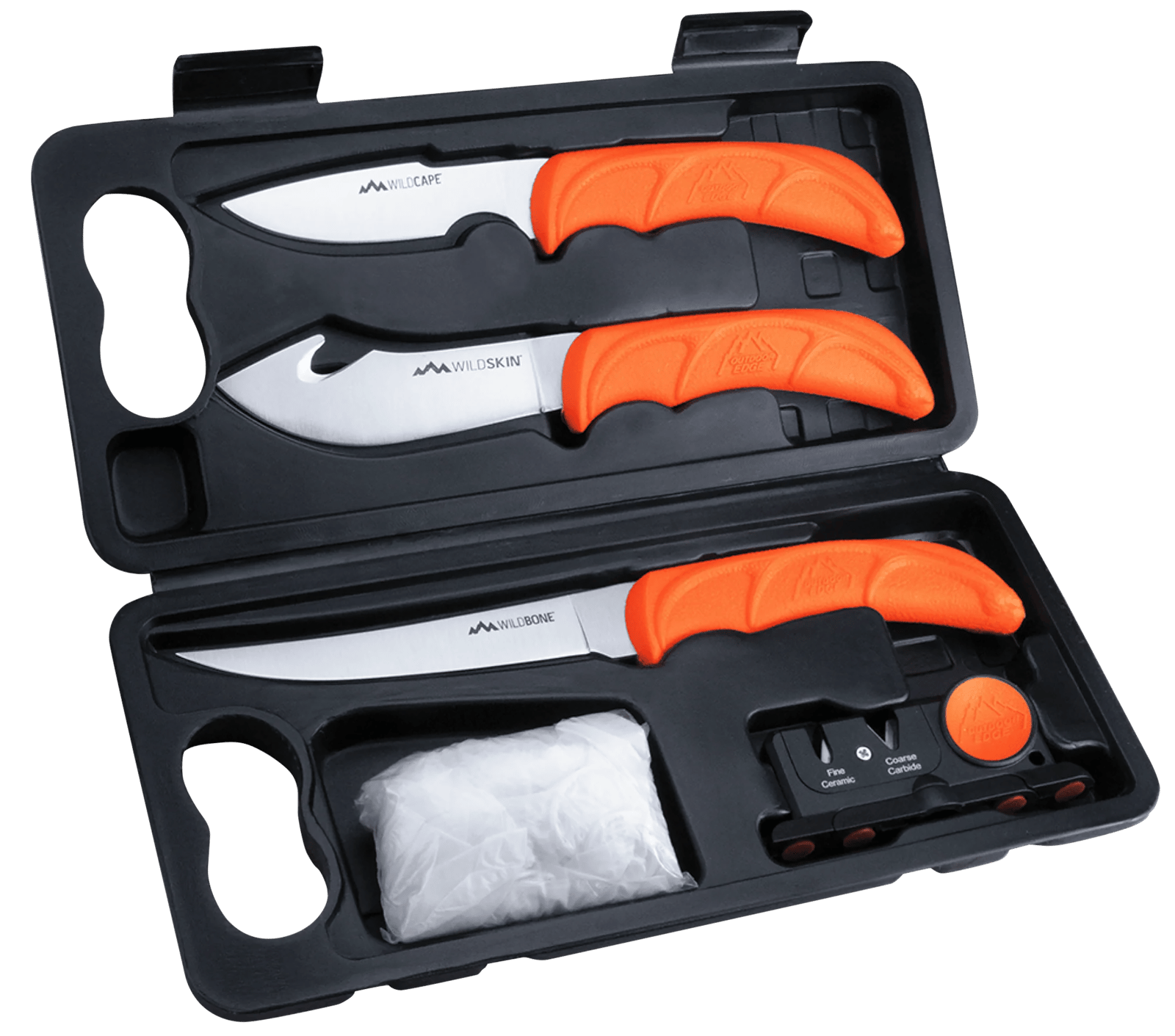 Outdoor Edge WL6 WildLite Game Processor Kit Fixed Boning/Caper/Skinner Plain 420J2 SS Blades, Blaze Orange Textured TPR Handles, 5 Pieces Includes Carry Case