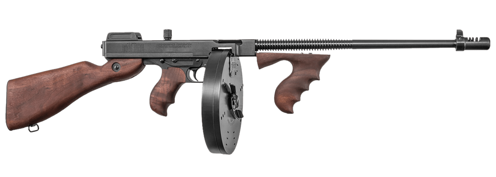 Thompson T1100D 1927A-1 Deluxe Carbine 45 ACP Caliber with 18" Barrel, 20+1 Capacity (Stick), 100+1 Capacity (Drum), Blued Metal Finish, American Walnut Stock Wood Grip Right Hand