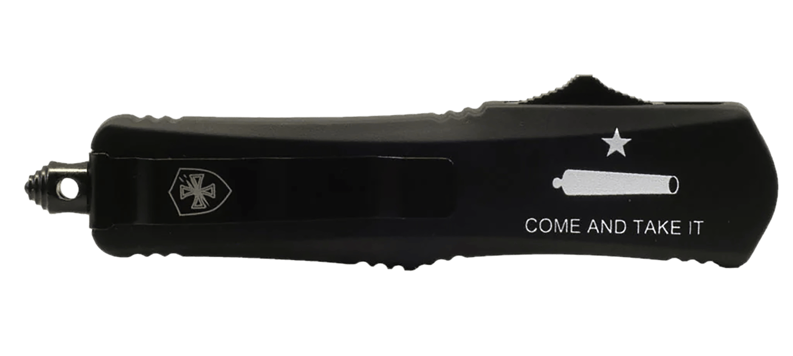 Templar Knife LCATII531 Gen II Come And Take It Small 2.69" OTF Tanto Part Serrated Black Oxide 440C SS Blade, 4.31" Black "Come And Take It" w/Cannon Aluminum Handle, Glass Breaker