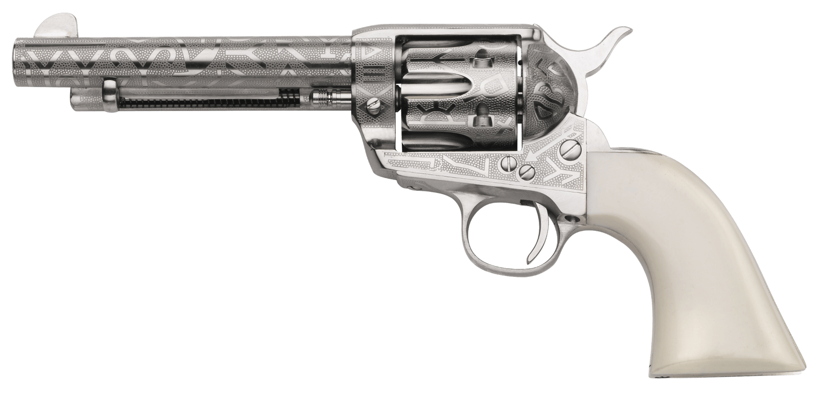 Taylors & Company 200061 1873 Cattle Brand Pietta 45 Colt (Long Colt) 6 Shot 5.50" Nickel Engraved Round Barrel, Cylinder & Steel Frame, White PVC Navy Grip, Exposed Hammer