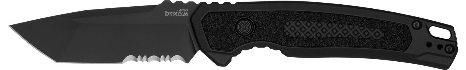 Kershaw 7105 Launch 16 Automatic 3.45" Folding Tanto Part Serrated Plain Black Cerakote CPM M4 Steel Blade, Black Cerakote Aluminum Handle