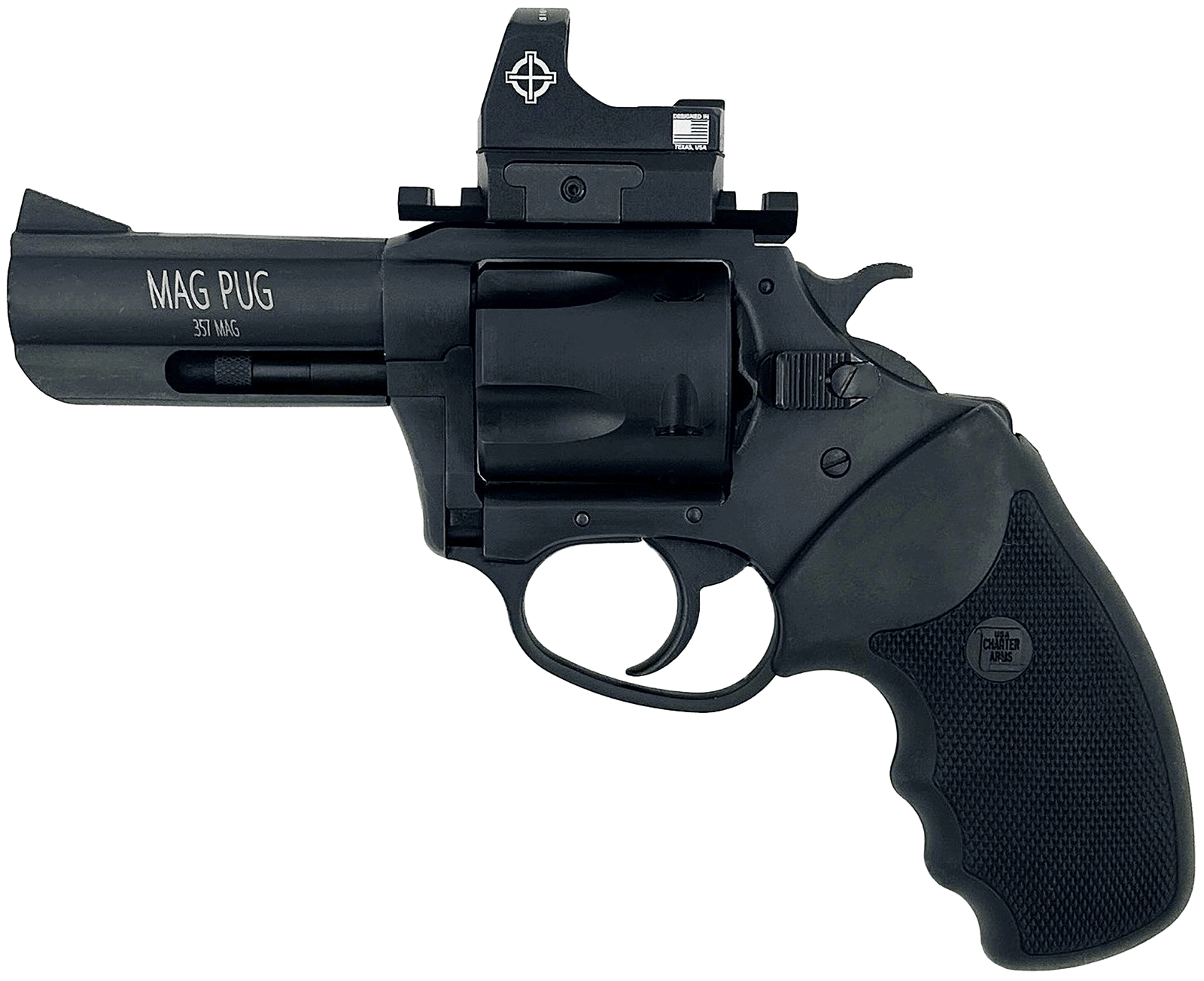 Charter Arms 13535 Mag Pug  Large 357 Mag 5 Shot, 3" Black Passivate Steel Barrel & Cylinder, Black Passivate Steel w/Picatinny Rail Frame. Black Combat Rubber Grip, Includes Micro Optic