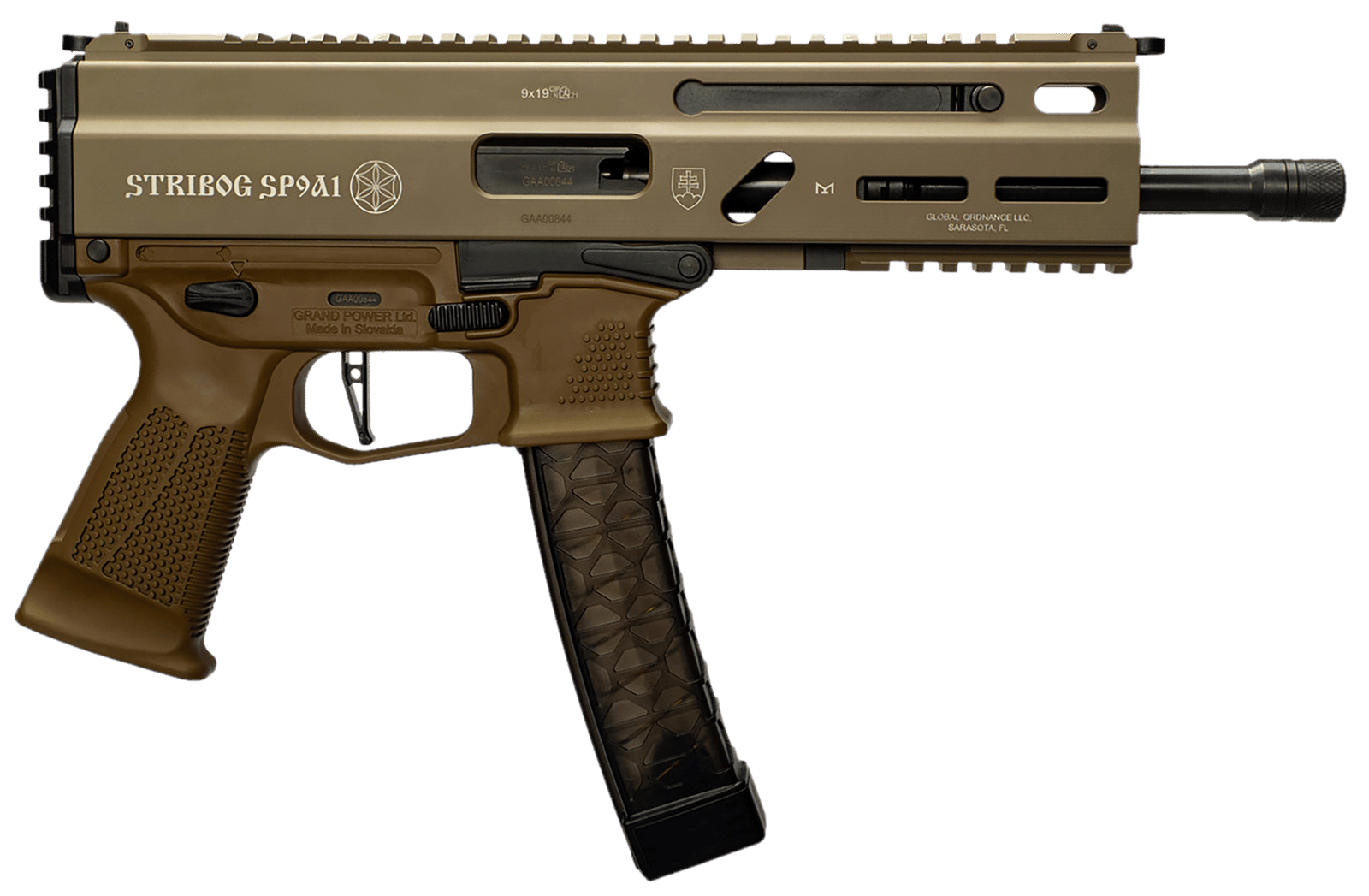 Grand Power 197892004763 SP9A1 Stribog 9mm Luger 30+1 8" Black Threaded Barrel, M-LOK Handguard, Flat Dark Earth Aluminum Picatinny Rail Receiver, FDE Polymer Grip, Thread Protector