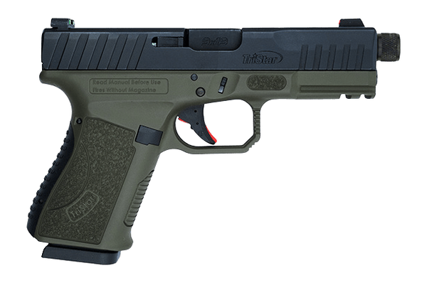 TriStar 85786 Apoc Pro 9mm Luger 15+1 4.50" Black Threaded Barrel, Black Cerakote Steel Optic Ready/Serrated Slide, OD Green Polymer Frame w/Picatinny Rail, Interchangeable Backstrap Grip