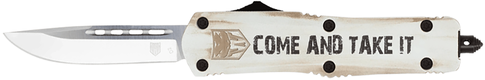 CobraTec Knives MCATIFS3TNS FS-3 Come And Take It 3" OTF Tanto Plain D2 Steel Blade/White w/"Come And Take It" Cerakoted Aluminum Handle Features Glass Breaker Includes Pocket Clip