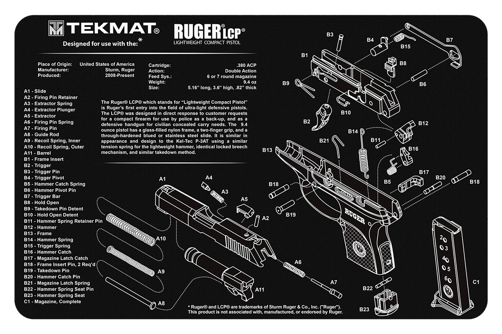 TekMat TEKR17RUGERLCP Ruger LCP Cleaning Mat Black/White Rubber 11"x17" Ruger LCP Parts Diagram