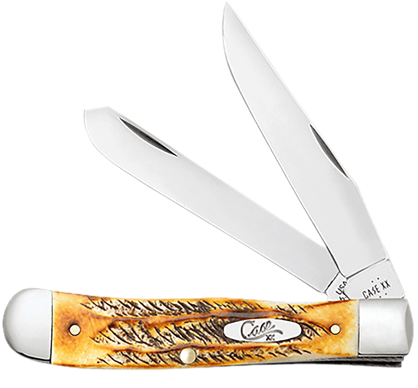 Case 65345 Trapper  3.25" Folding Clip Point/Spey Plain Mirror Polished Tru-Sharp SS Blades, Burnt Dark Amber 6.5 BoneStag Handle, Includes Pocket Clip