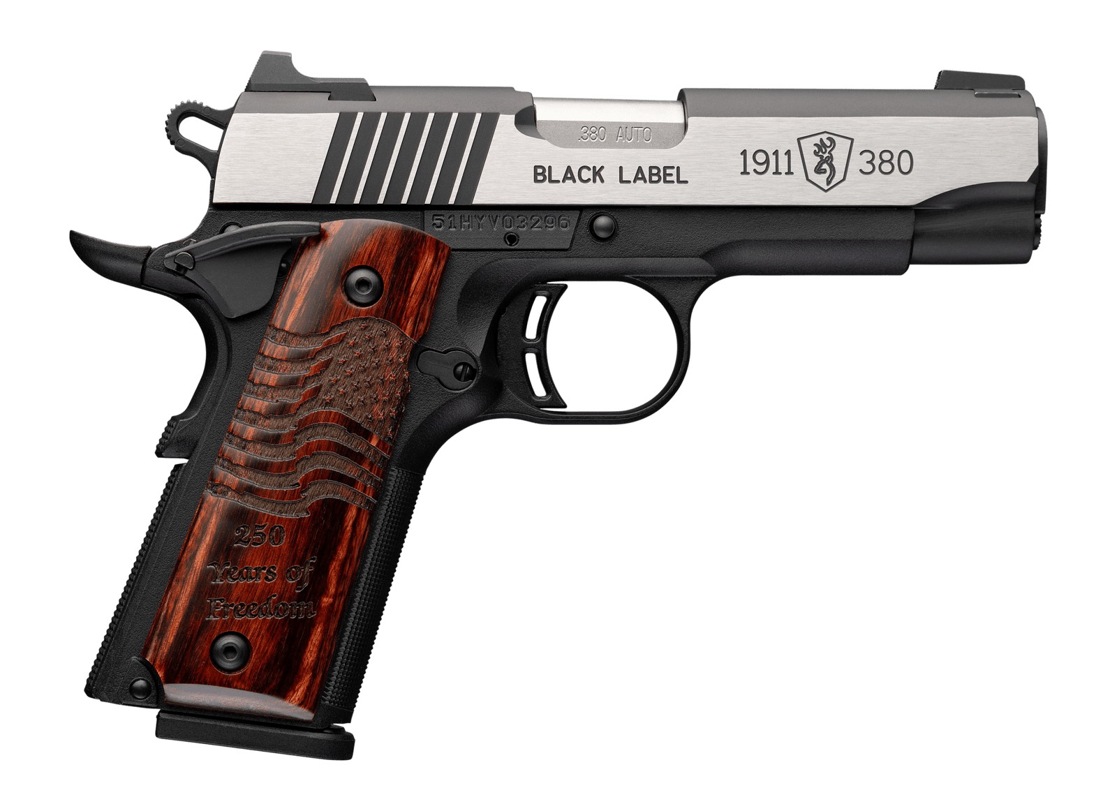 Browning 051123492 1911 Black Label Medallion Pro 250 Compact Frame 380 ACP 8+1 3.63" Stainless Steel Barrel, Stainless Steel w/Blackened Slide Flats Serrated Slide, Matte Black Aluminum Frame w/Beave