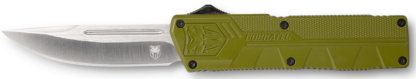 CobraTec Knives ODCTLWDNS Lightweight  3.25" OTF Drop Point Plain D2 Steel Blade/OD Green Aluminum Handle Includes Pocket Clip
