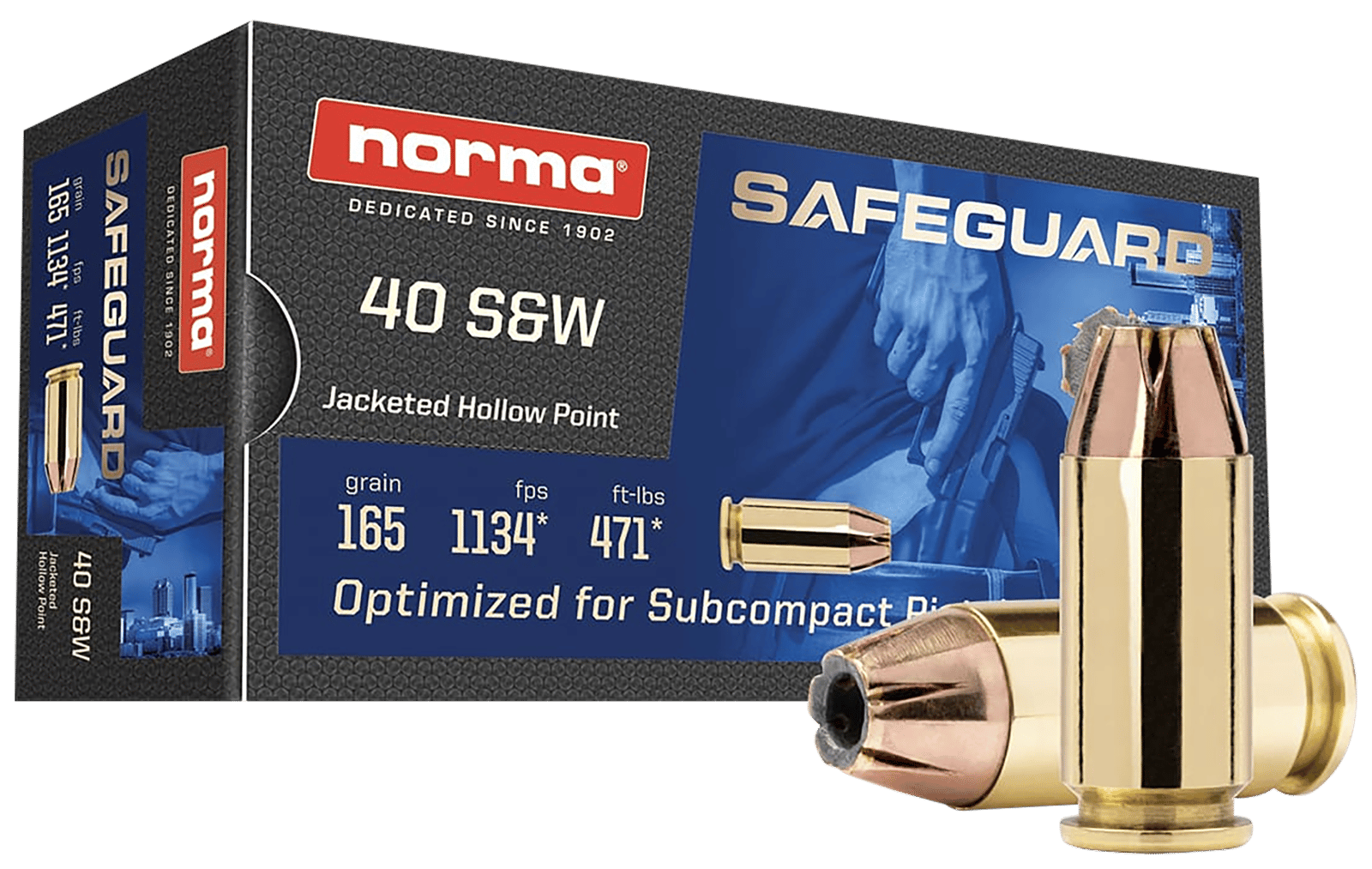 Norma Ammunition 801407887  Safeguard 40S&W 165gr Jacketed Hollow Point 50 Per Box/20 Case