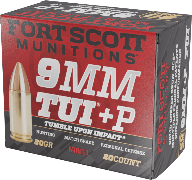 Fort Scott Munitions 9MM+P-080-SCV Tumble Upon Impact (TUI)  9mm+P 80gr Solid Copper Spun 20 Per Box/25 Case